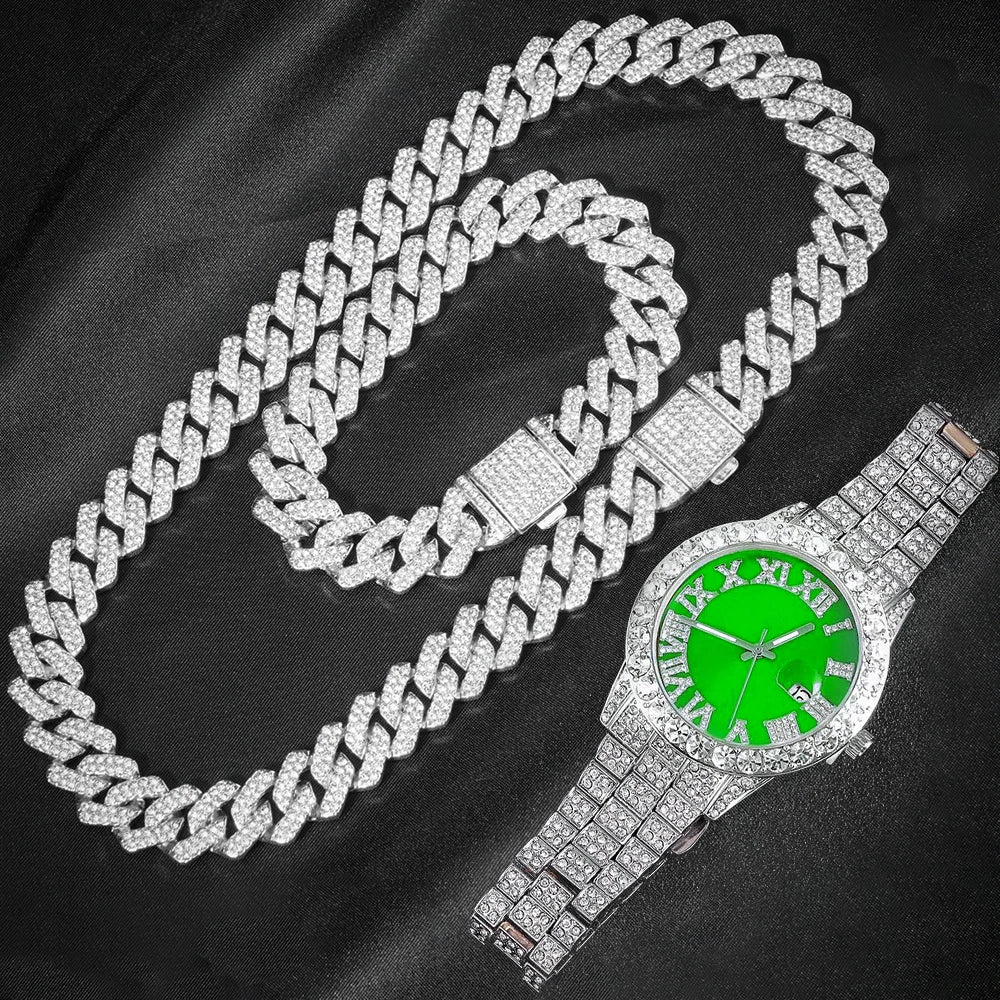 Men's Hip Hop Iced Out Jewelry Set | Chain, Bracelet & Ring —  Silver Tone
