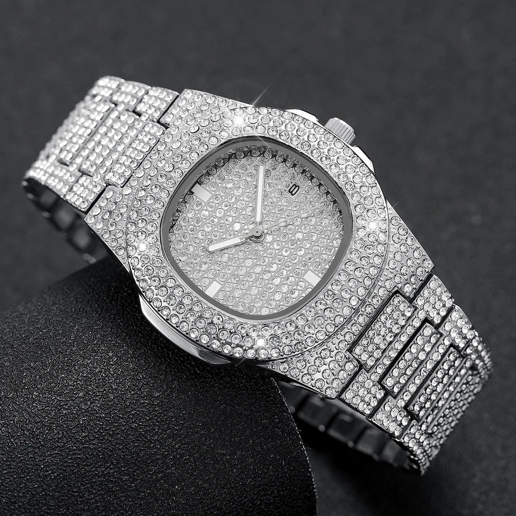 Men's Luxury Diamond-Style Quartz Watch with Calendar