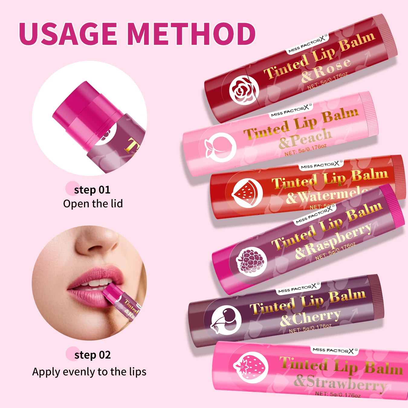 MISS FACTORX Tinted Lip Balm Set – 6 Flavors