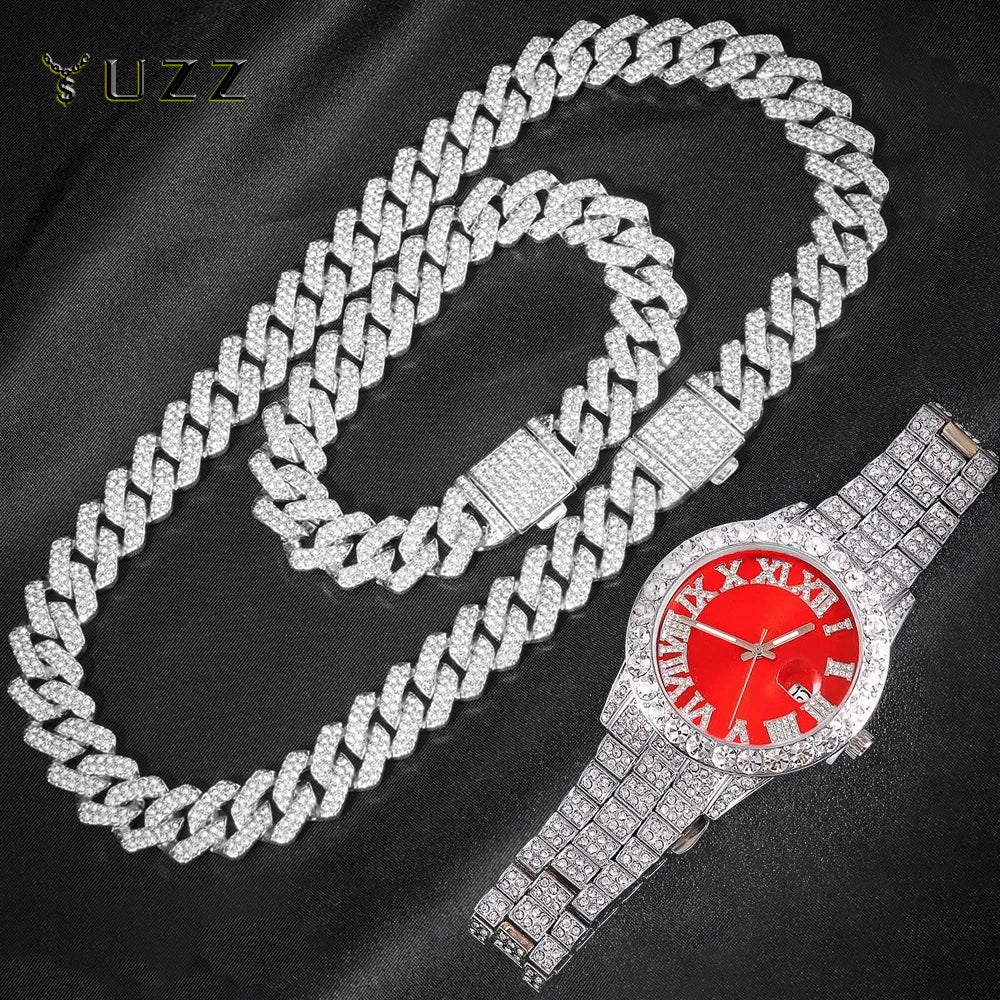 Men's Hip Hop Iced Out Jewelry Set | Chain, Bracelet & Ring —  Silver Tone