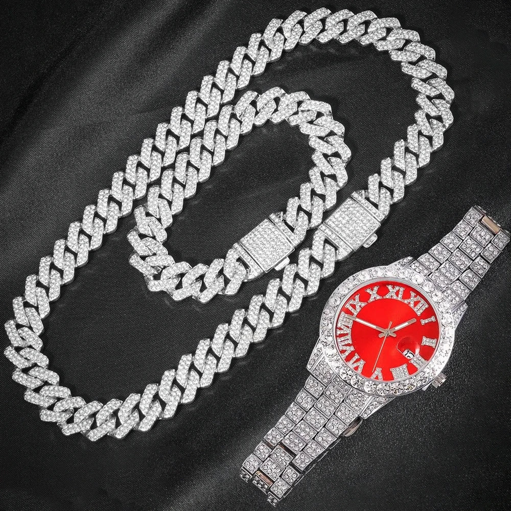 Men's Hip Hop Iced Out Jewelry Set | Chain, Bracelet & Ring —  Silver Tone