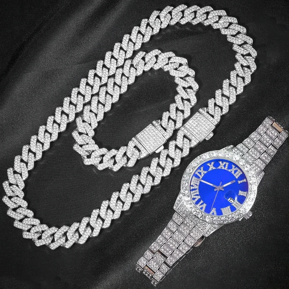 Men's Hip Hop Iced Out Jewelry Set | Chain, Bracelet & Ring —  Silver Tone