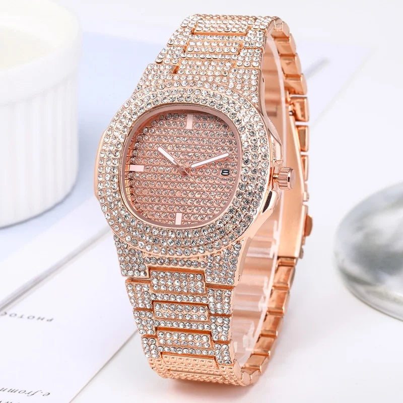 Men's Luxury Diamond-Style Quartz Watch with Calendar