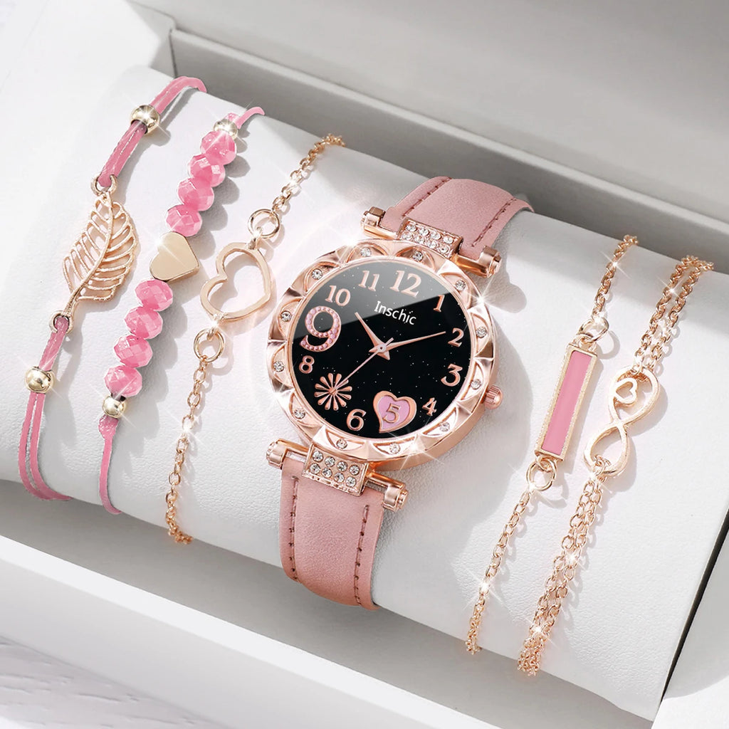 Women's 6-Piece Heart Dial Watch & Bracelet Set