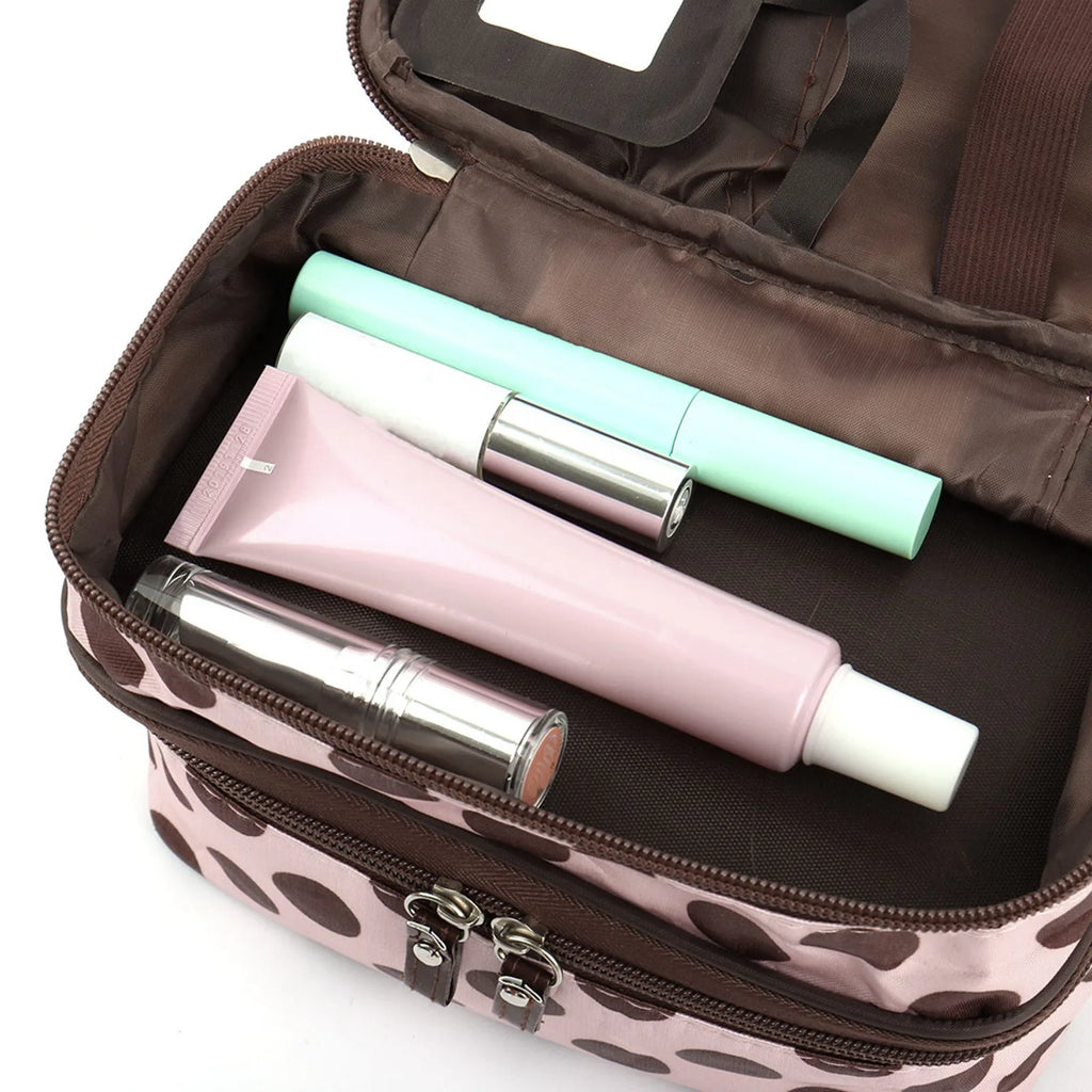 Women's Travel Makeup Bag with Mirror | Double Layer PVC Cosmetic Organizer