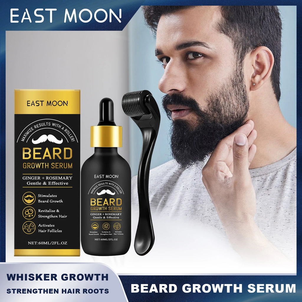 East Moon Beard Growth Serum Set with collagen serum bottle and roller for beard hydration and whisker care