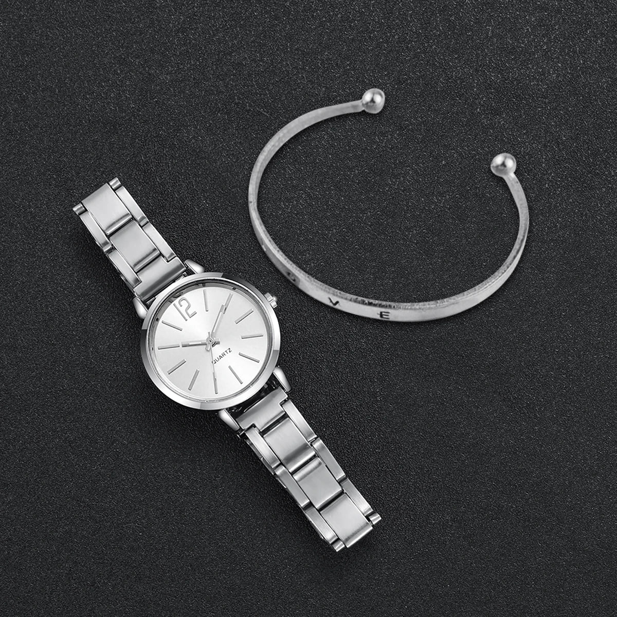Women's 2-Piece Gold Quartz Watch & Cuff Bracelet Set