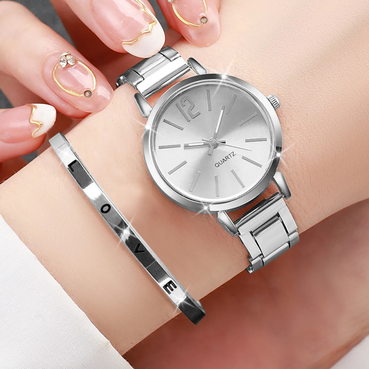 Women's 2-Piece Gold Quartz Watch & Cuff Bracelet Set