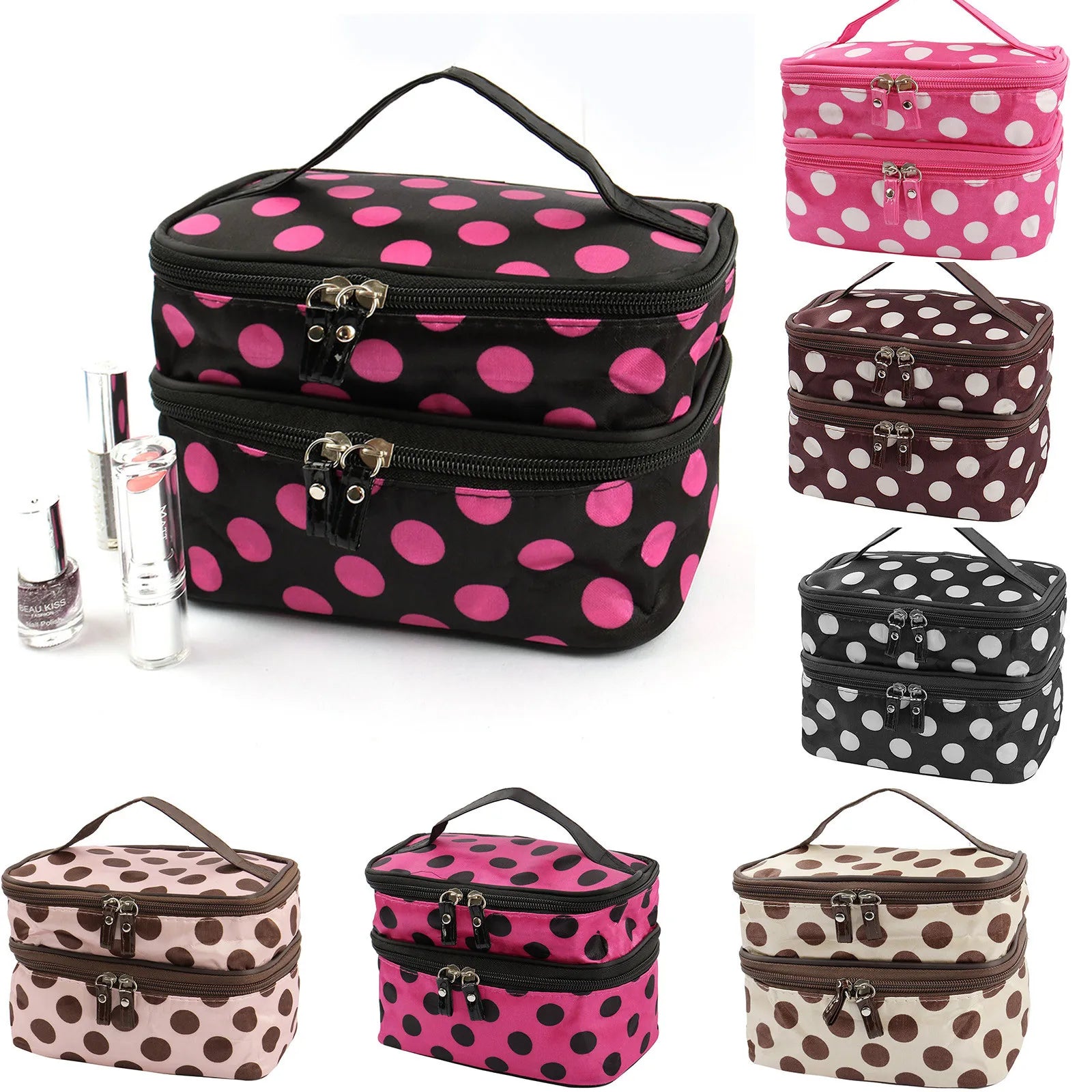 Women's Travel Makeup Bag with Mirror | Double Layer PVC Cosmetic Organizer