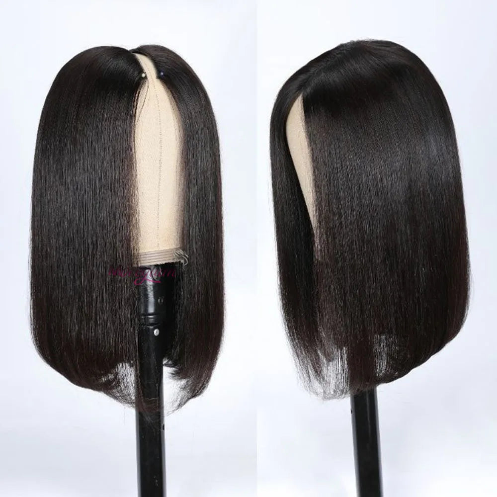 Straight Short Bob V Part Human Hair Wig N 180%
