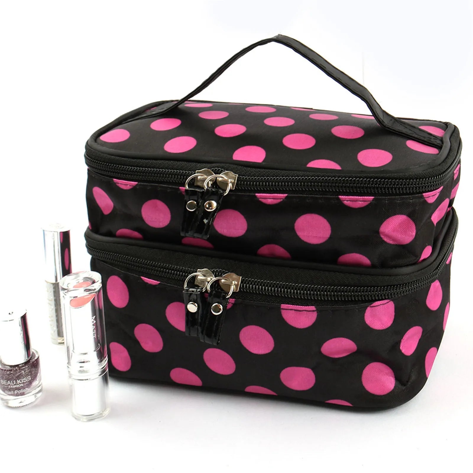 Women's Travel Makeup Bag with Mirror | Double Layer PVC Cosmetic Organizer
