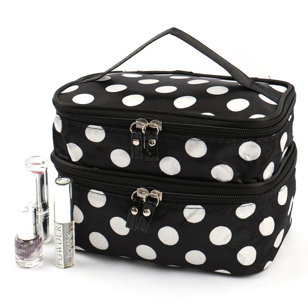 Women's Travel Makeup Bag with Mirror | Double Layer PVC Cosmetic Organizer