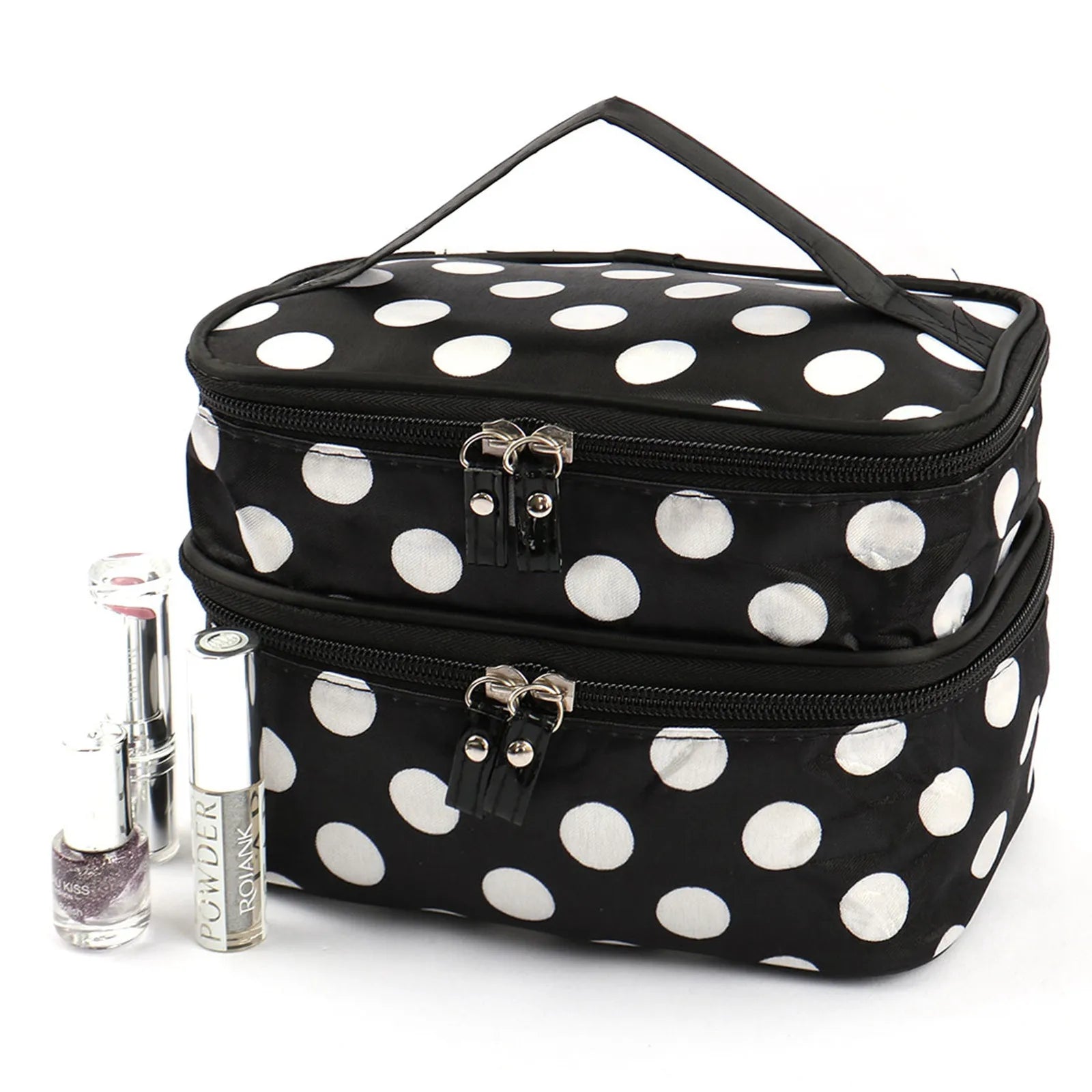 Women's Travel Makeup Bag with Mirror | Double Layer PVC Cosmetic Organizer