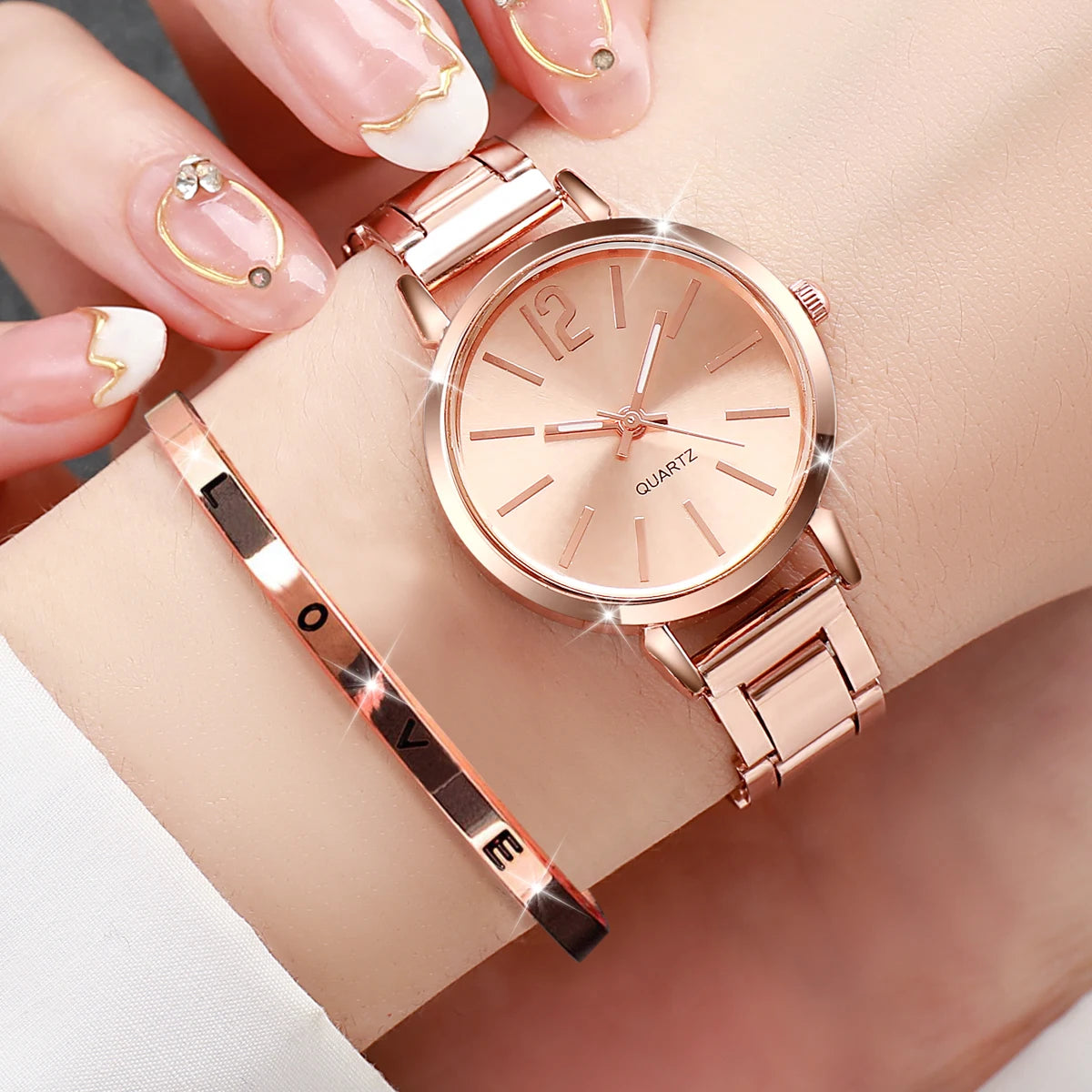 Women's 2-Piece Gold Quartz Watch & Cuff Bracelet Set
