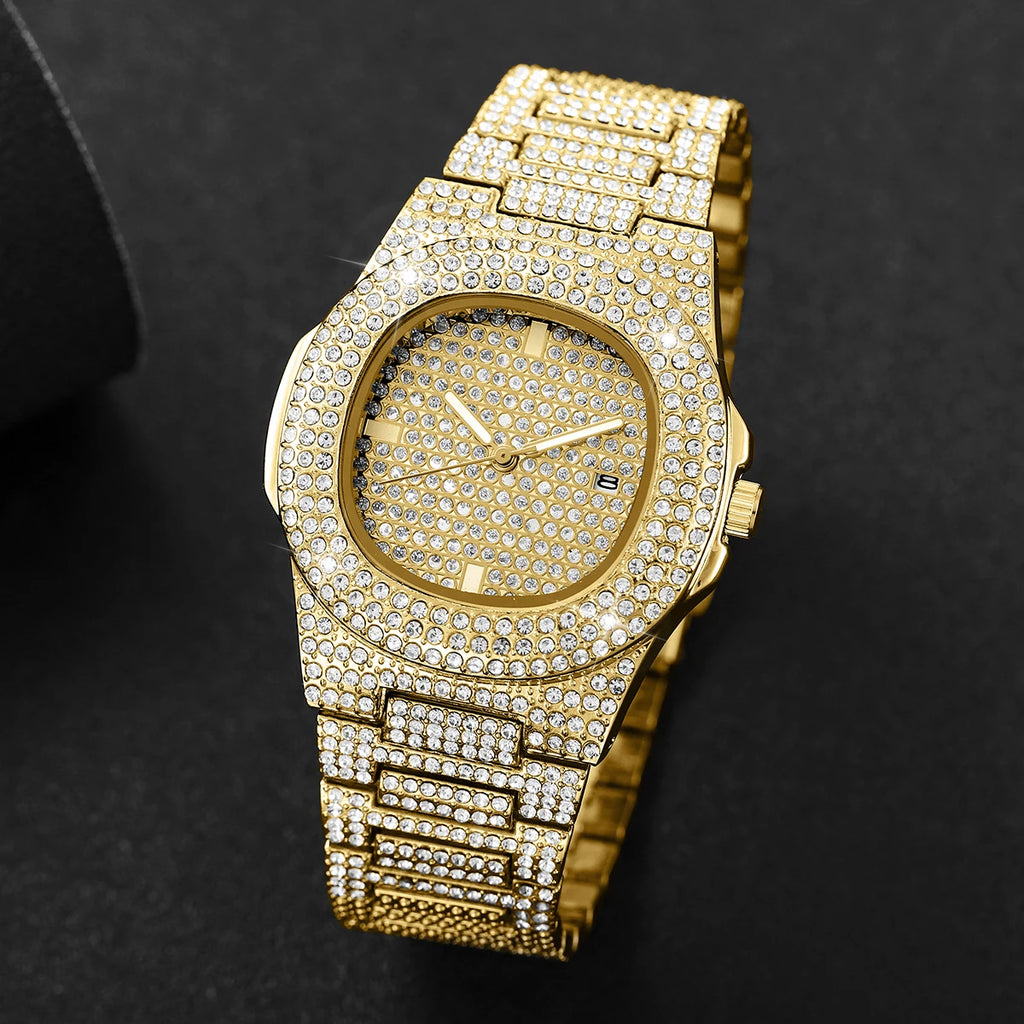 Men's Luxury Diamond-Style Quartz Watch with Calendar